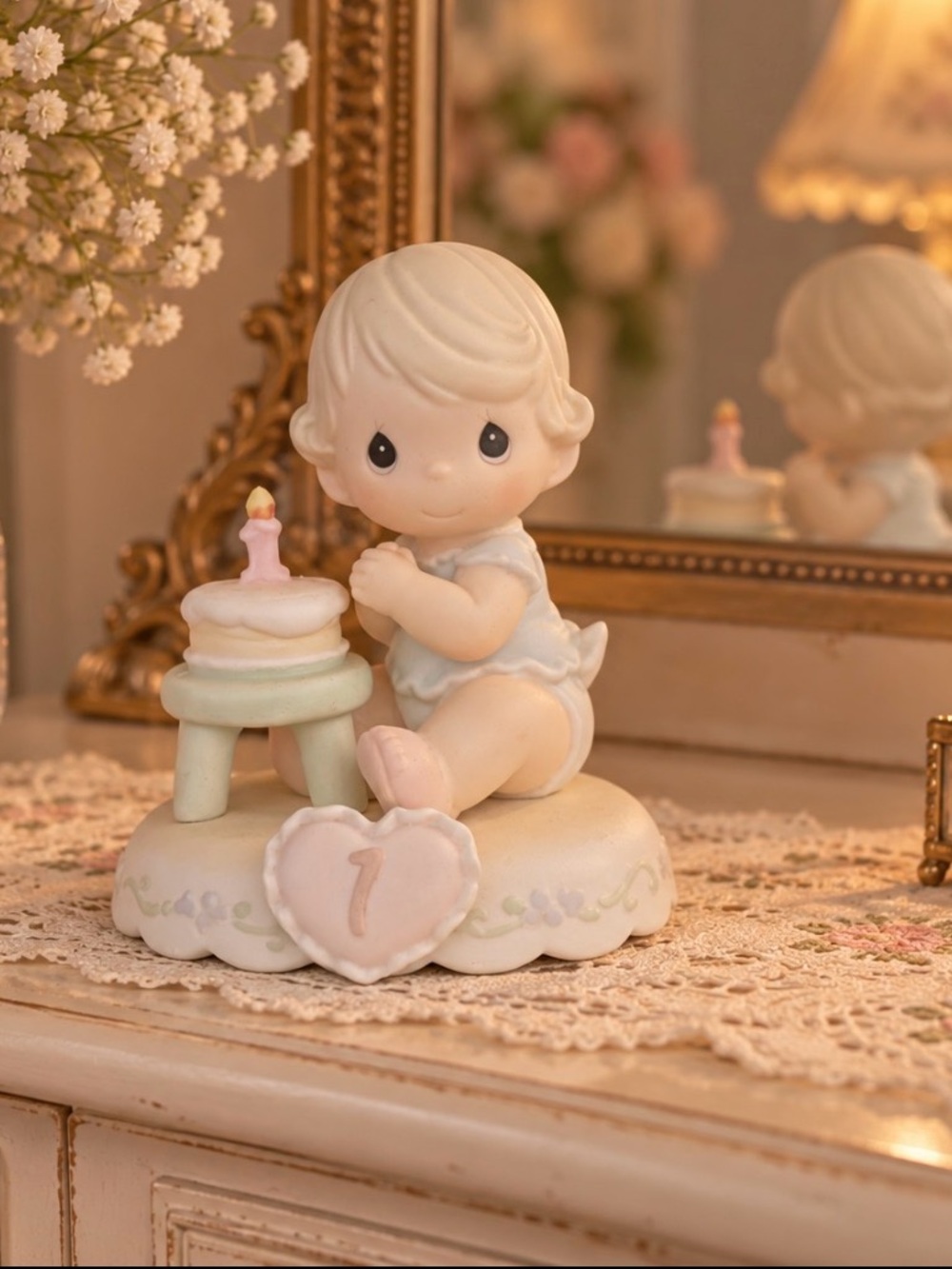 Precious Moments Pastel Baby Figurine with First Birthday Cake
